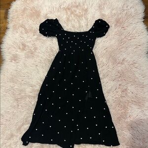 Forever 21 Black Heart Print Midi Dress Size Small Puff Sleeve
